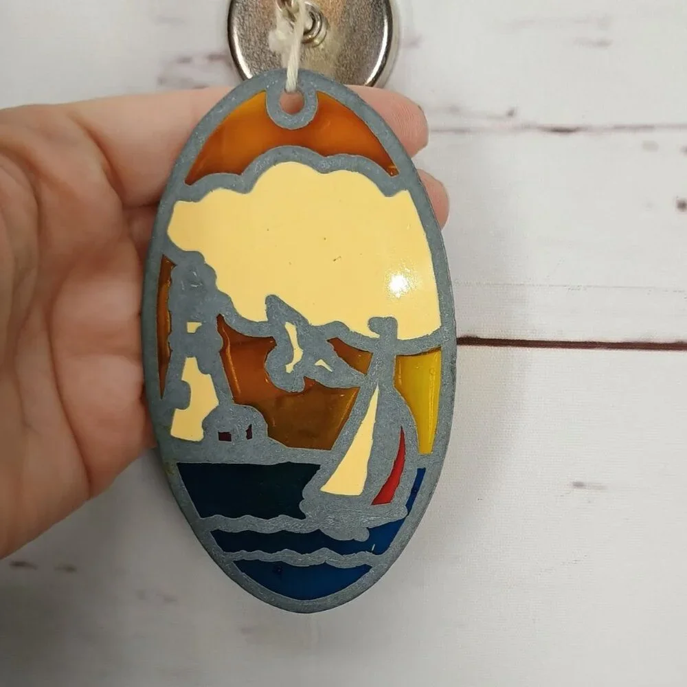 Bailey Island Maine‎ Lighthouse Stained Glass Look Keychain Oval Design